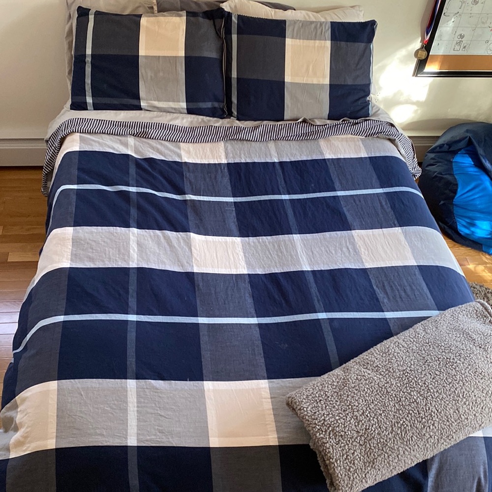 Pottery barn, teen, navy plaid, duvet, cover, and shams